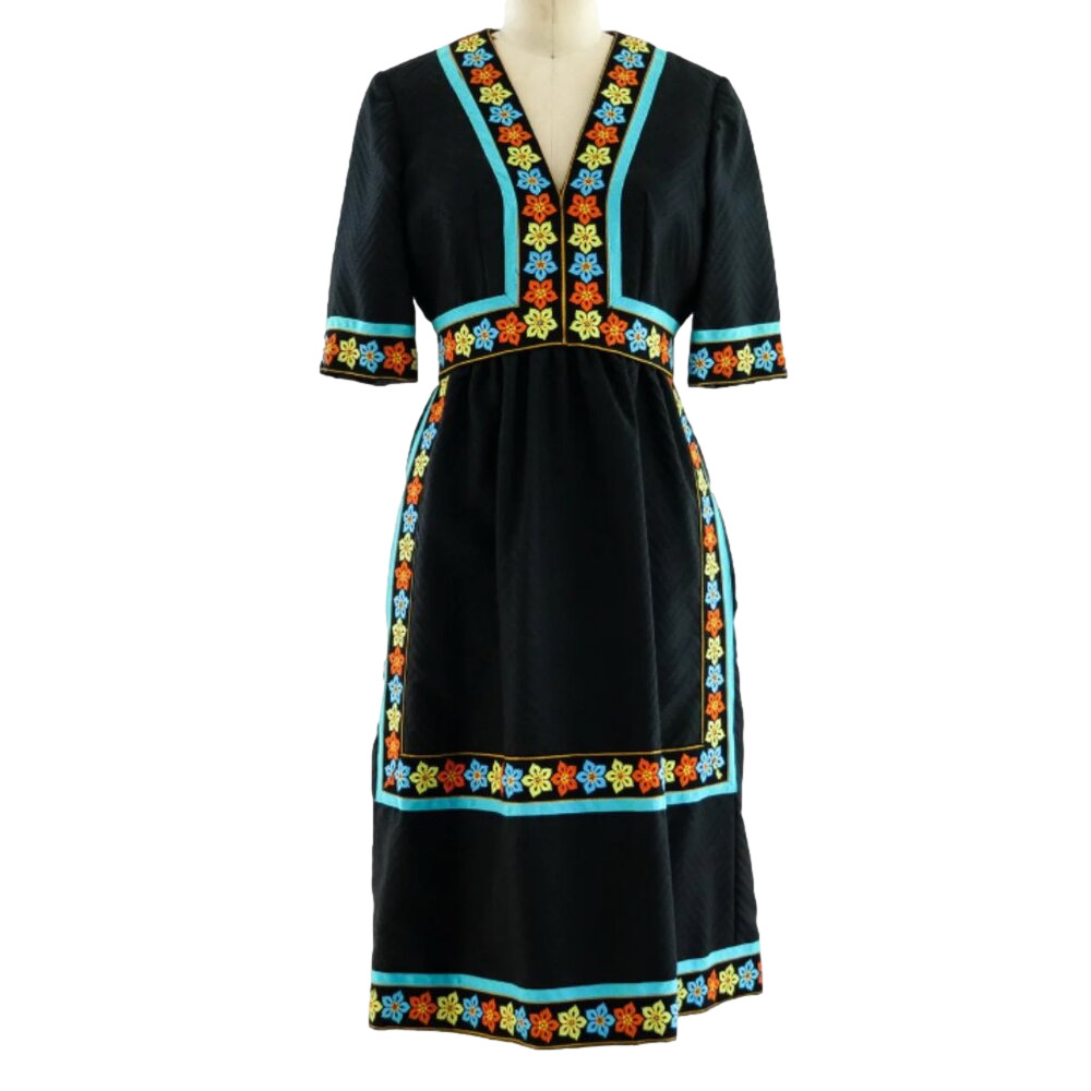 Oscar De La Renta Vintage Boutique Floral Black Ribbion Trimmed Dress Size 6